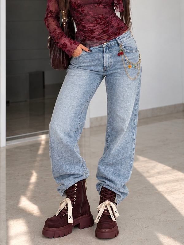 Jeans wide leg con catenina cherry