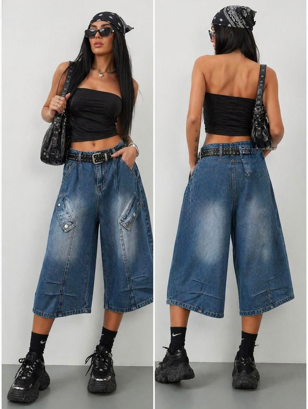 Bermuda Denim Cargo “Street Icon” con Cintura Borchiata - R.a. Boutique