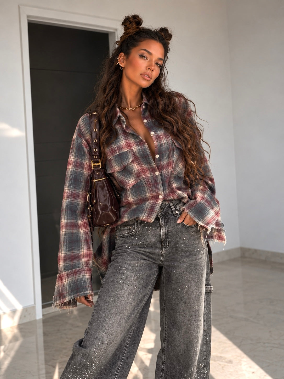 Camicia Lunga a Quadri con Tasche - R.a. Boutique