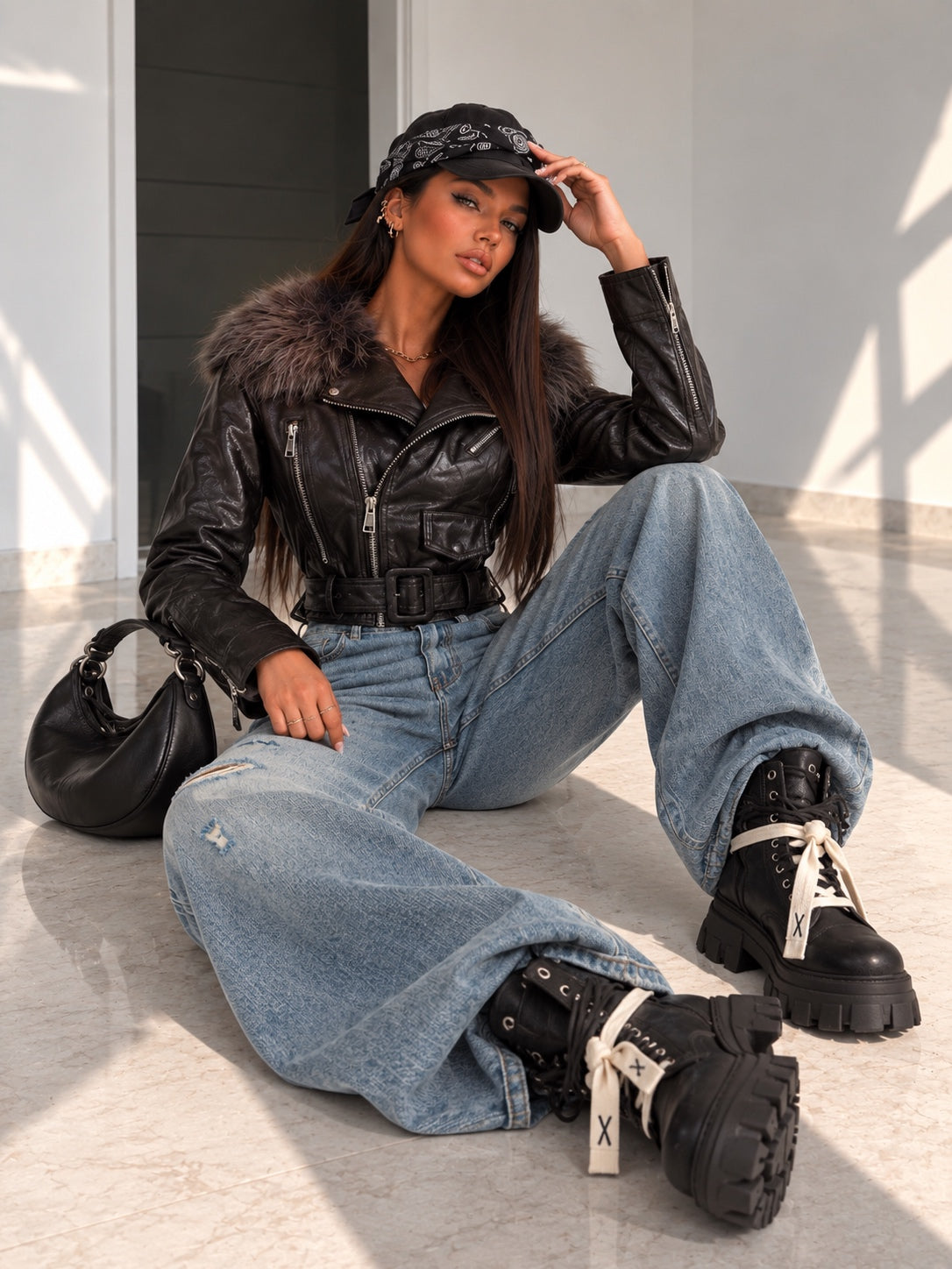 Giacca Biker Diva con Collo Effetto Pelliccia - R.a. Boutique