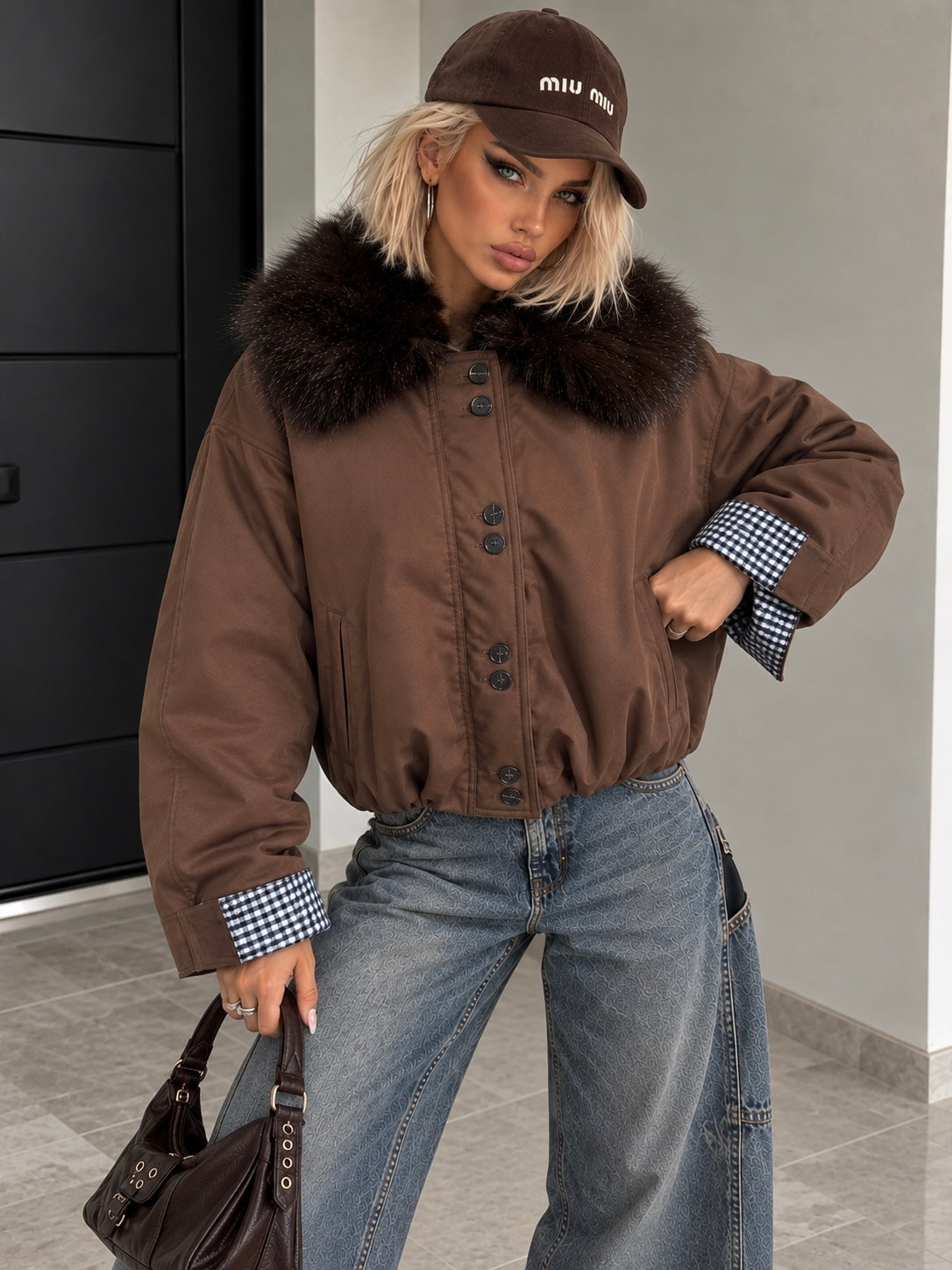 Bomber Marrone con Collo Effetto Pelliccia - R.a. Boutique