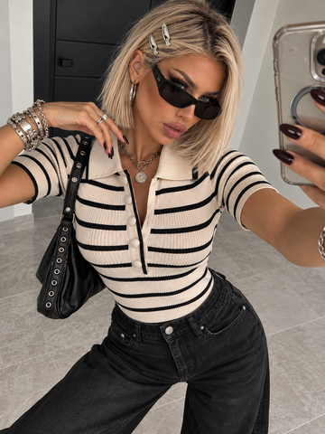 Body Polo a Righe Beige e Nero - R.a. Boutique