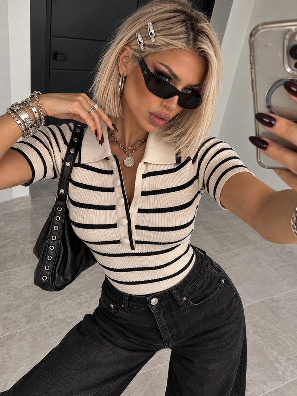 Body Polo a Righe Beige e Nero