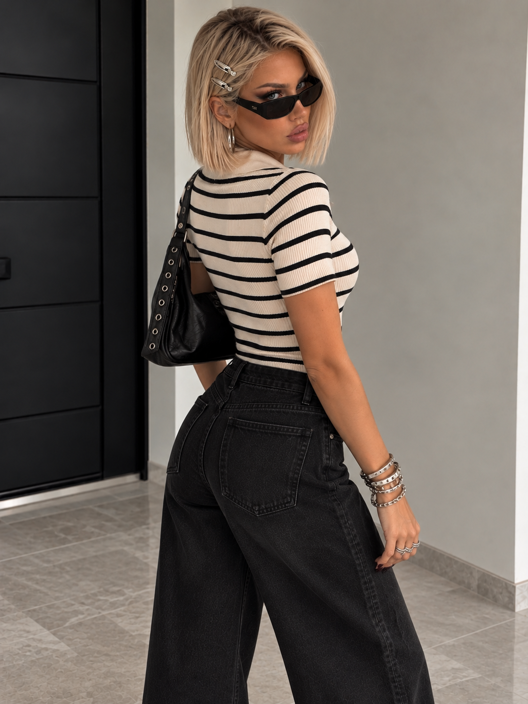 Body Polo a Righe Beige e Nero - R.a. Boutique