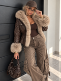 Giacca Marrone Effetto Pelle con Maxi Collo e Polsini in Pelliccia - R.a. Boutique