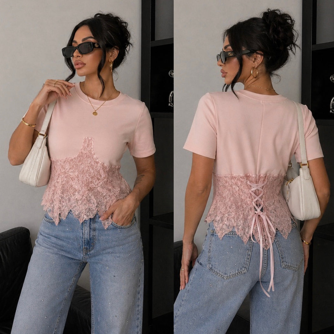 T-Shirt Corsetto con coppe in Pizzo con lacci posteriori - R.a. Boutique