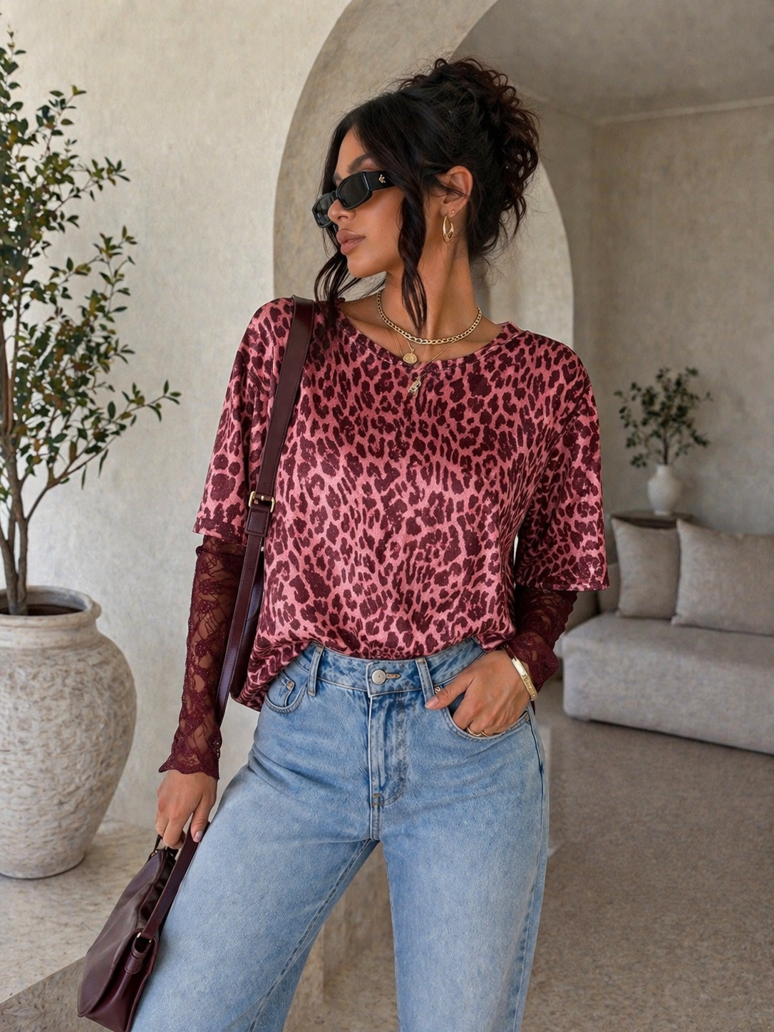 Body maculato con manica in pizzo - R.a. Boutique