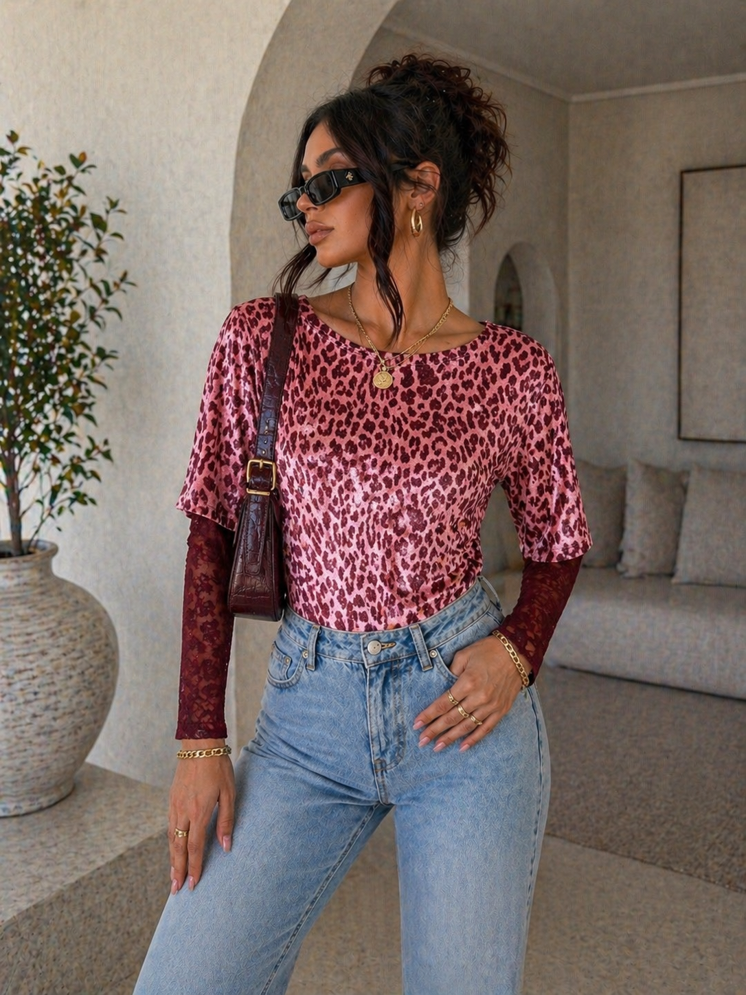 Body maculato con manica in pizzo - R.a. Boutique