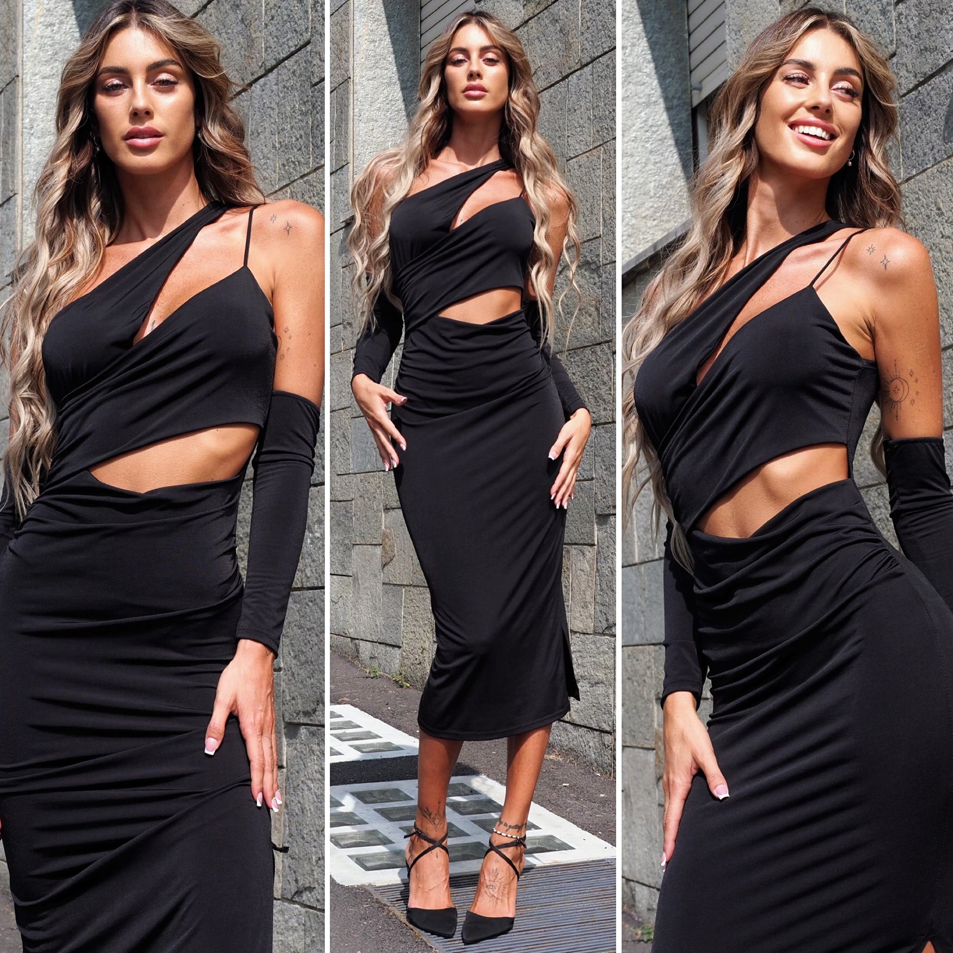 Abito con incroci e manicotti nero - R.a. Boutique 