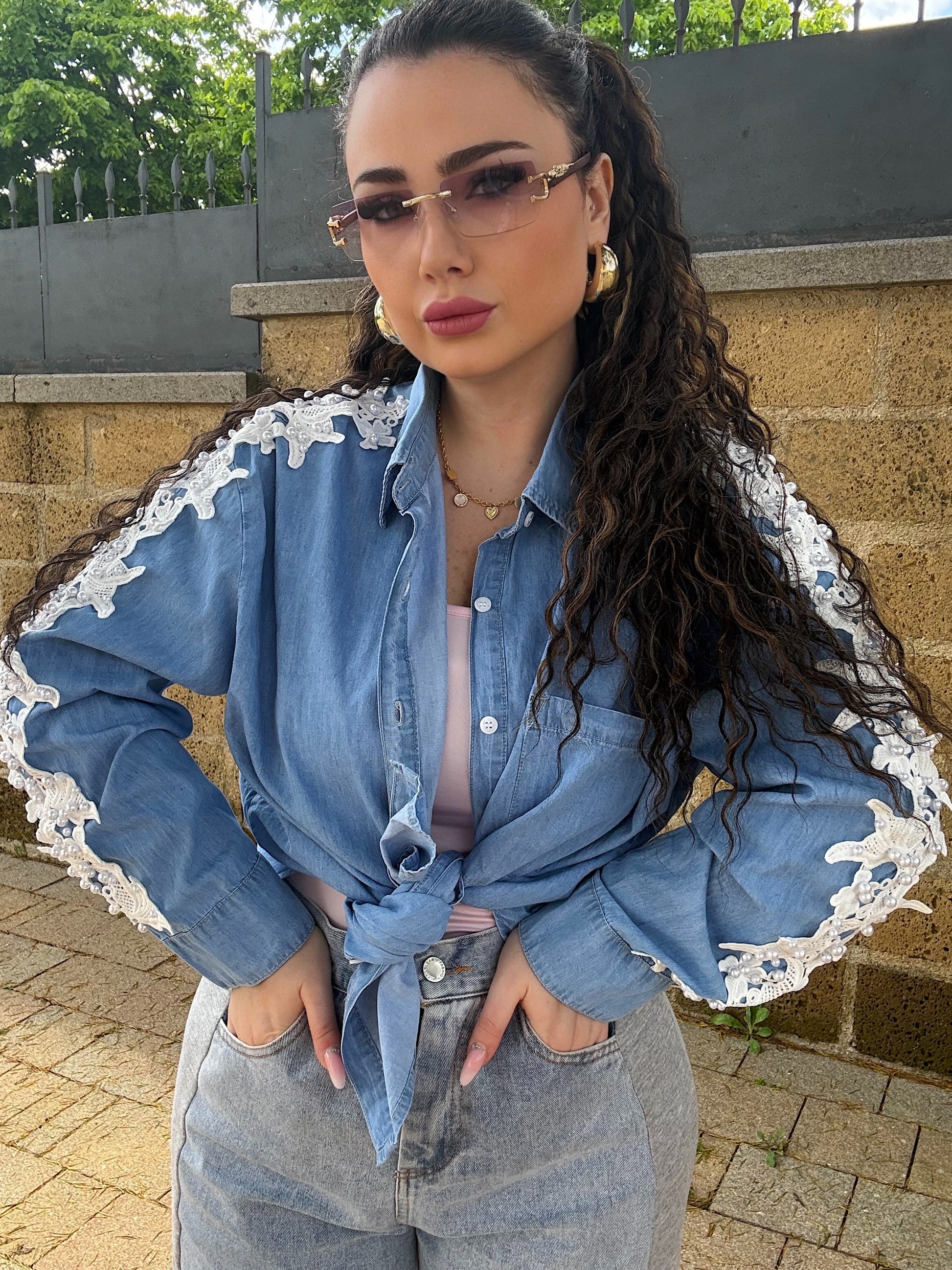 Camicia in denim con perle - R.a. Boutique