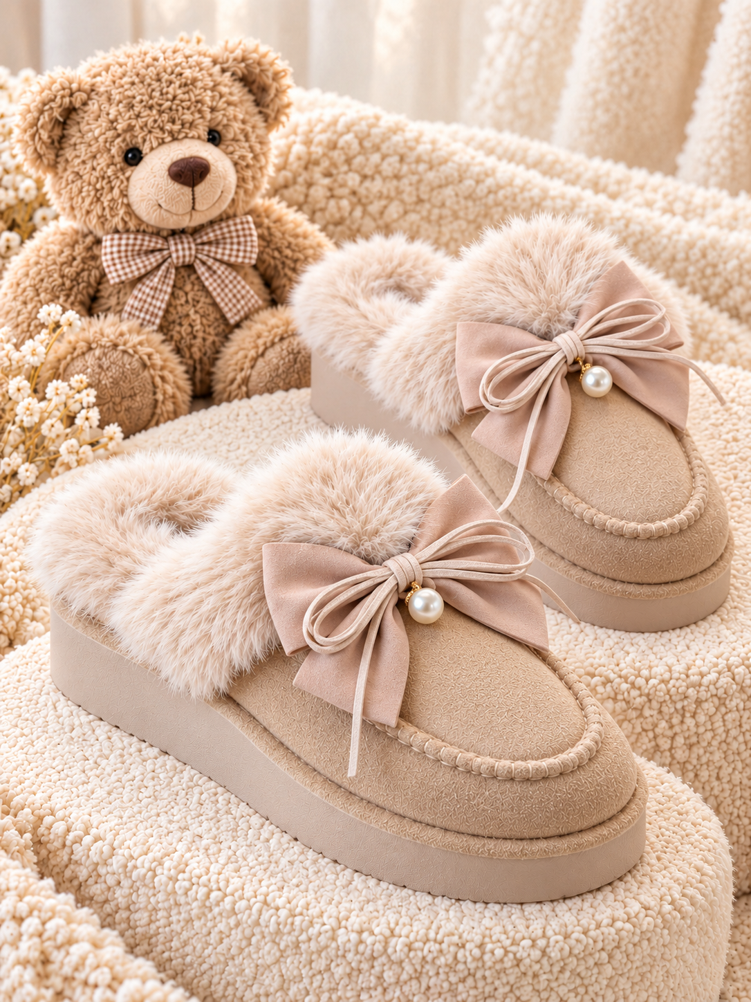 Ciabattine Cozy Bow con Pelliccia e Fiocco - R.a. Boutique