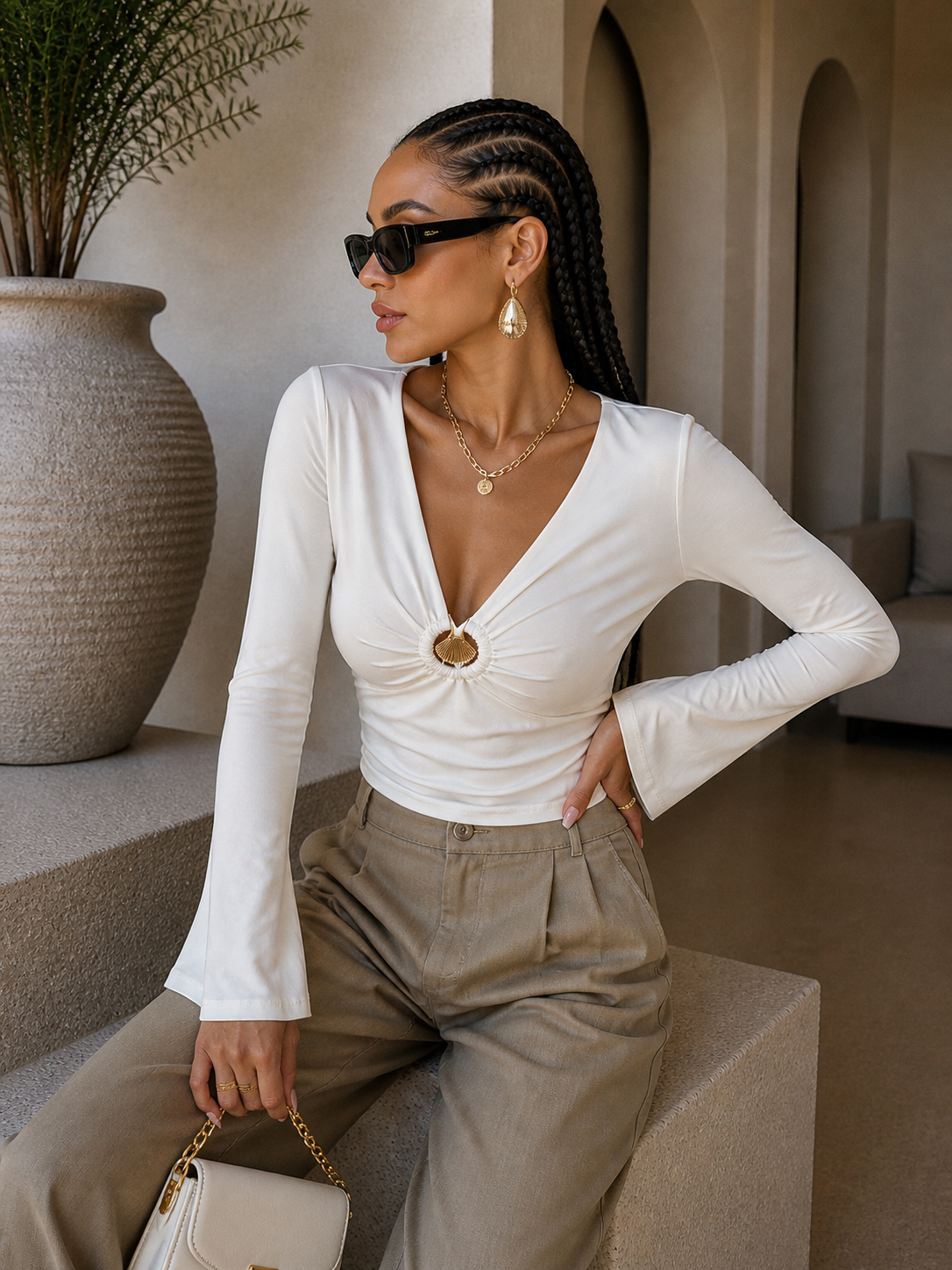 Blusa Elegante con gioiello e Maniche Svasate - R.a. Boutique