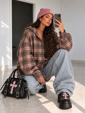 Camicia Oversize Mocha Rose con Cappuccio
