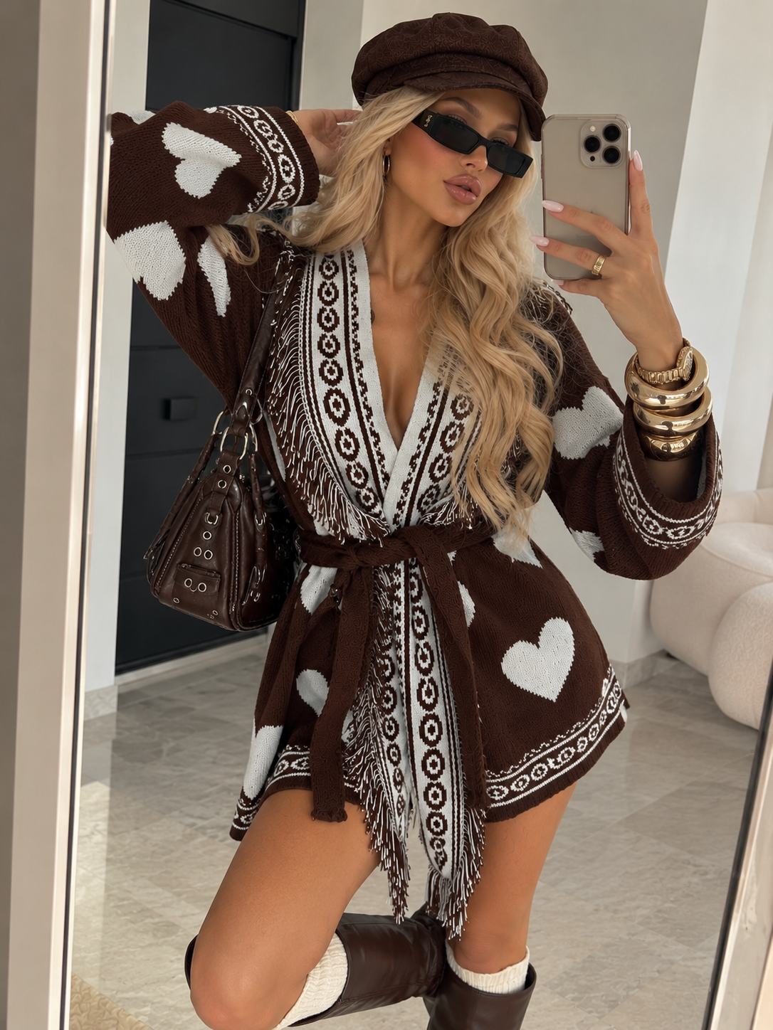 Cardigan Chocolate Hearts con Frange e Cintura - R.a. Boutique