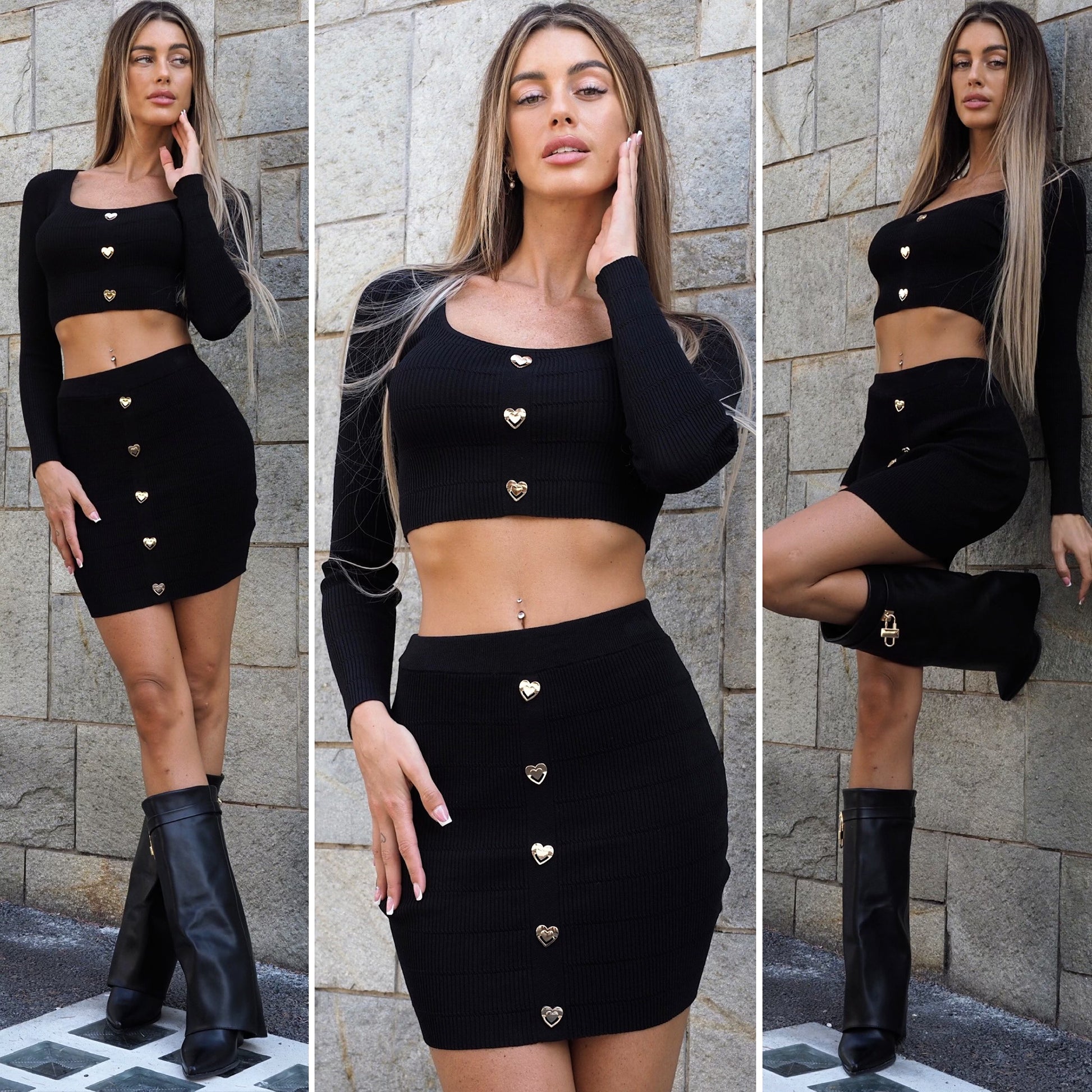 Completo top e gonna con cuori Nero - R.a. Boutique 