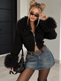 Cardigan Fur Zip con Collo e Polsini Effetto Pelliccia – Nero - R.a. Boutique