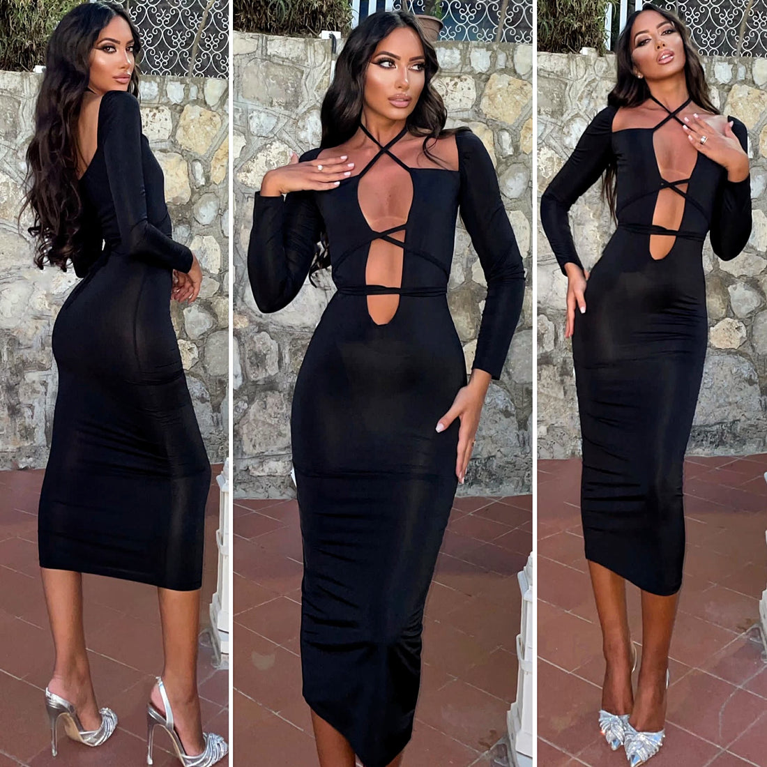 Abito midi nero con incrocio al collo e in vita - R.a. Boutique 