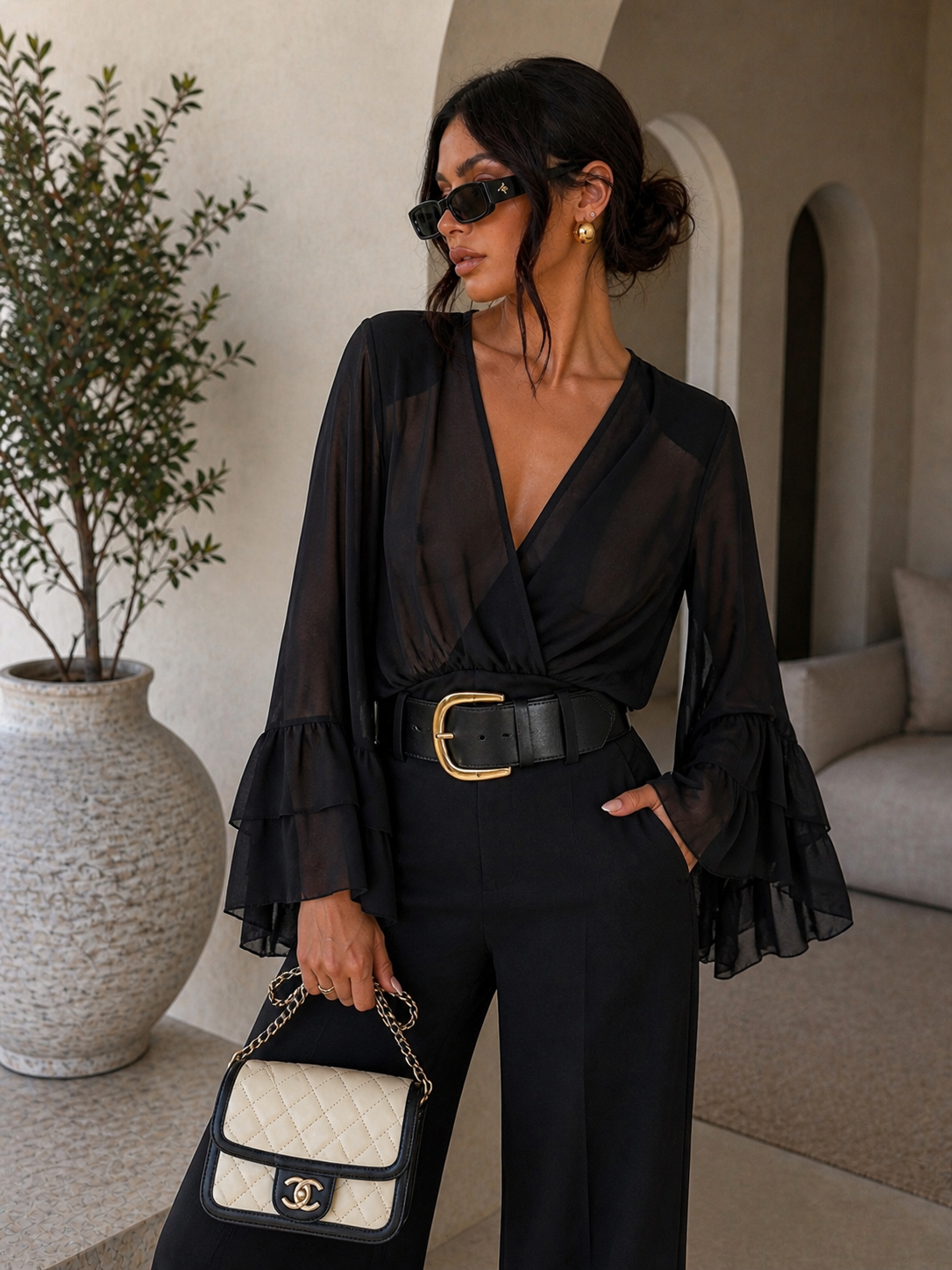 Blusa Nera Elegante con Maniche a Rouches - R.a. Boutique