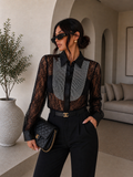 Camicia in Pizzo Nero con Inserto Gioiello - R.a. Boutique