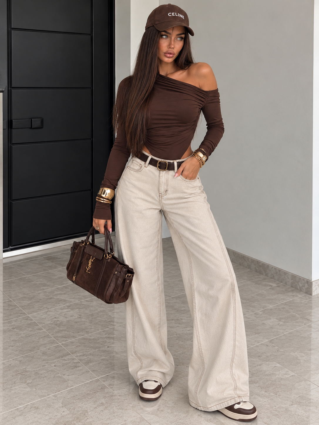 Body Drappeggiato con Spalla Scesa - Marrone