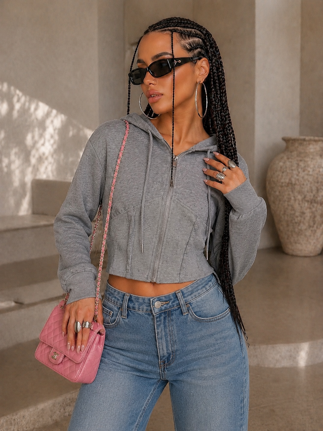 Felpa Cropped con zip e cappuccio - R.a. Boutique