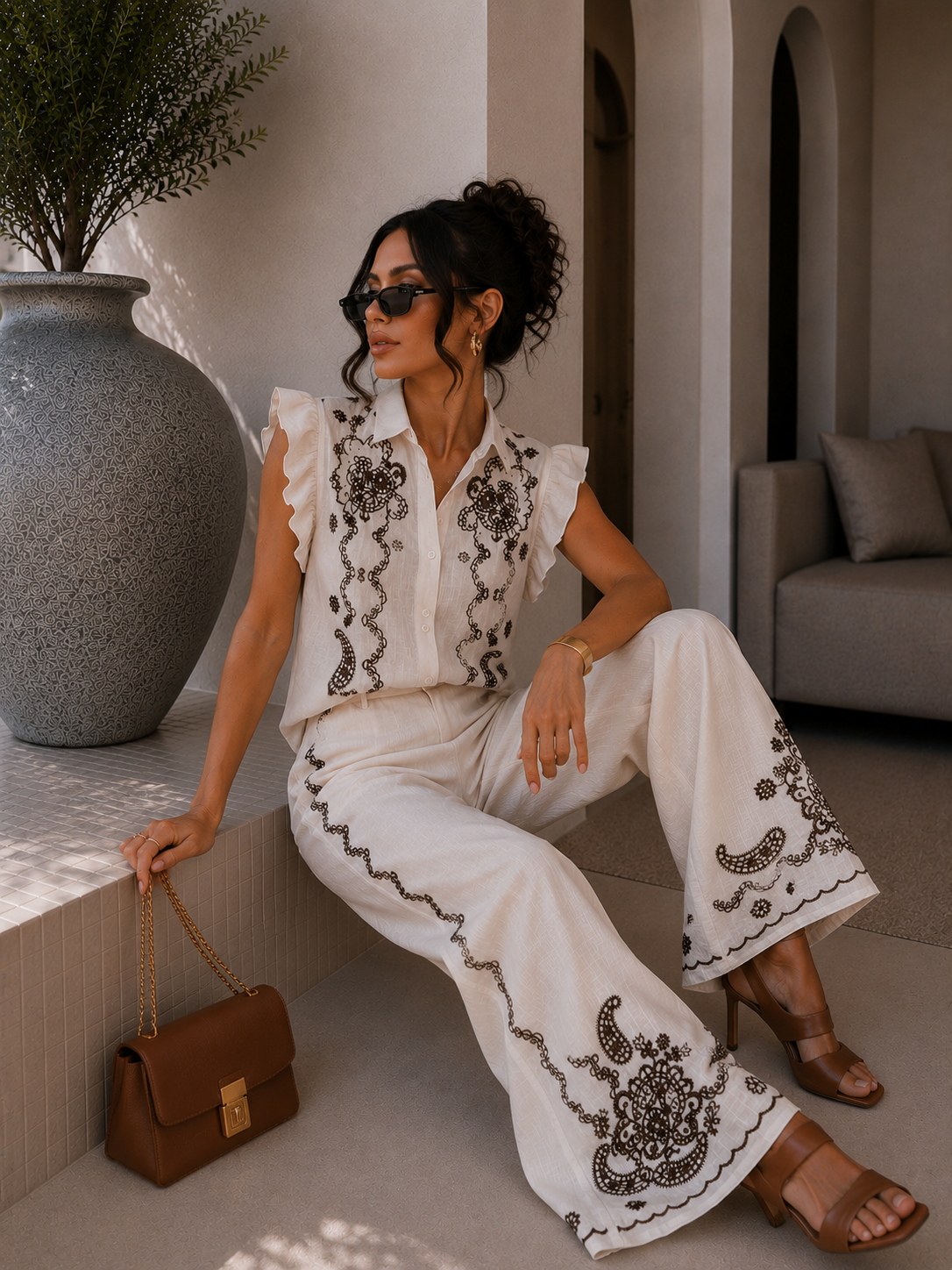 Completo Camicia pantaloni con ricami bianca - R.a. Boutique