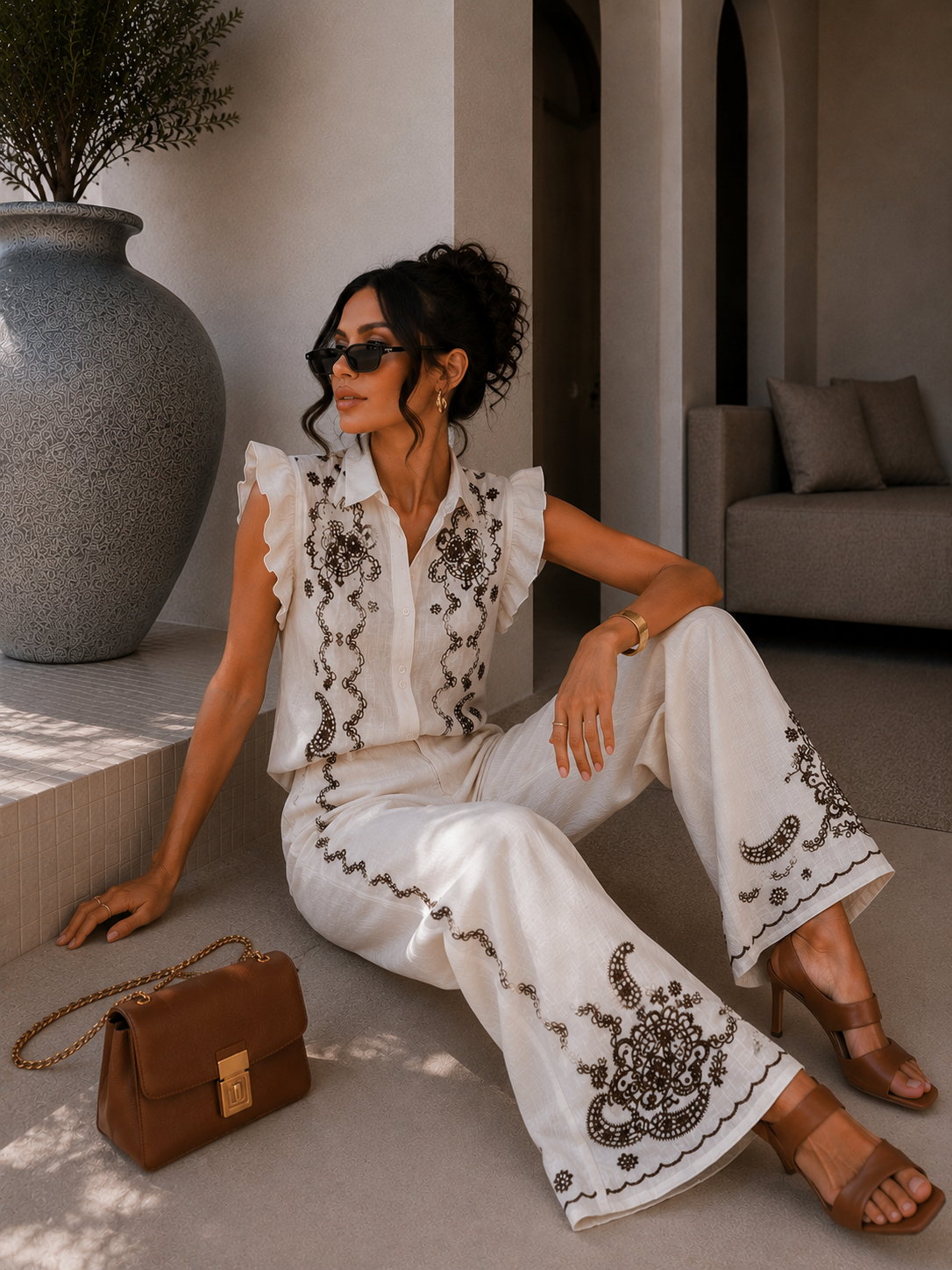 Completo Camicia pantaloni con ricami bianca - R.a. Boutique