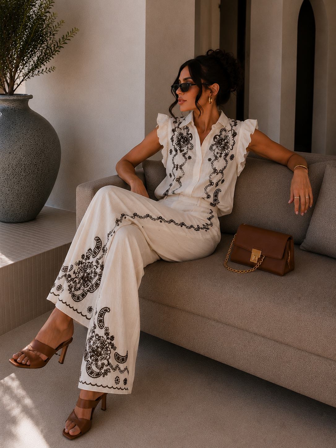 Completo Camicia pantaloni con ricami bianca - R.a. Boutique