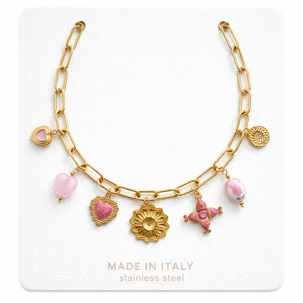 Collana Fiore Dorato con charms rosa - R.a. Boutique