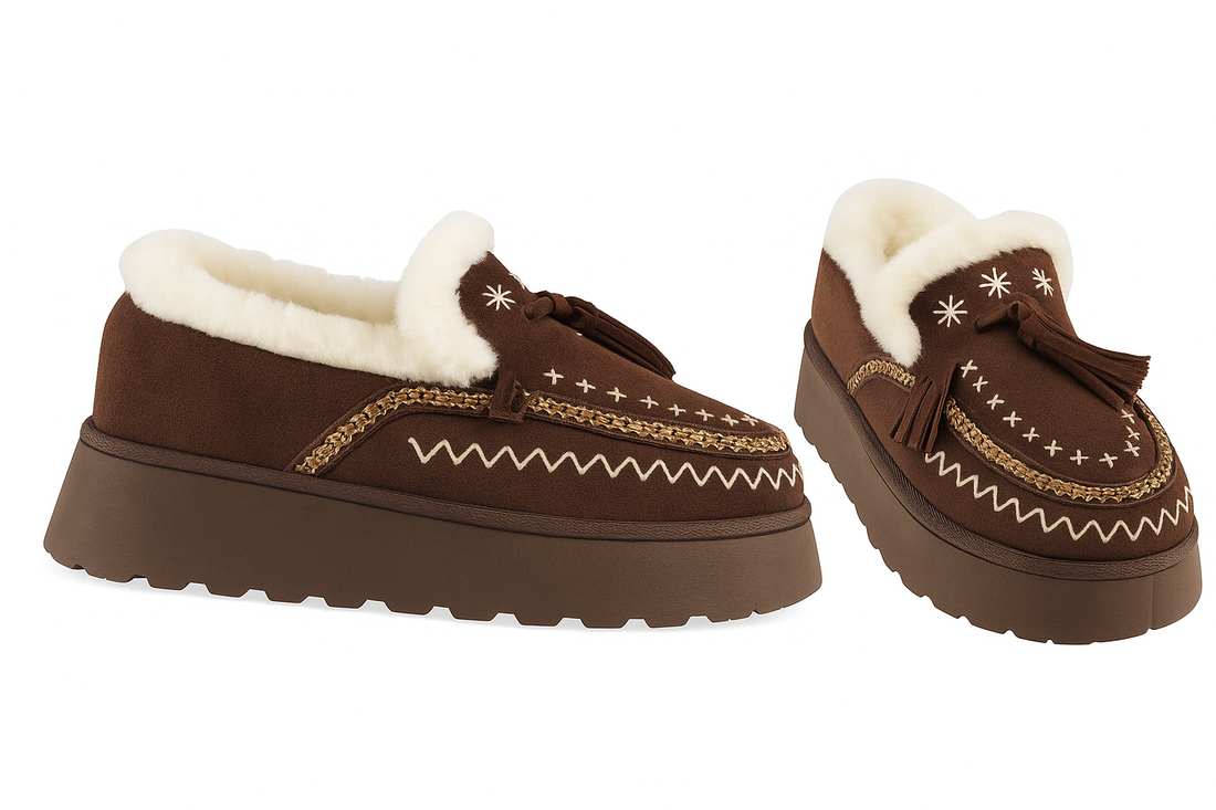 Mocassino Invernale con Zeppa ricamato choco - R.a. Boutique