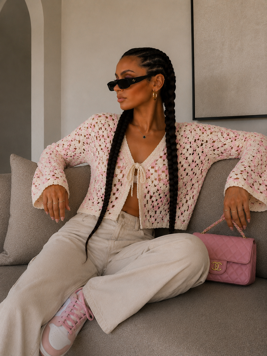 Cardigan Crochet Rosa con Laccetto - R.a. Boutique