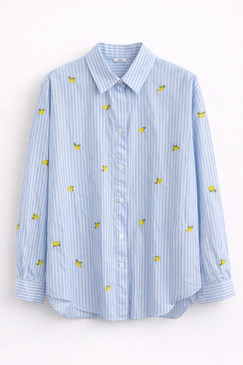 Camicia a Righe Celesti con Limoni Ricamati - R.a. Boutique