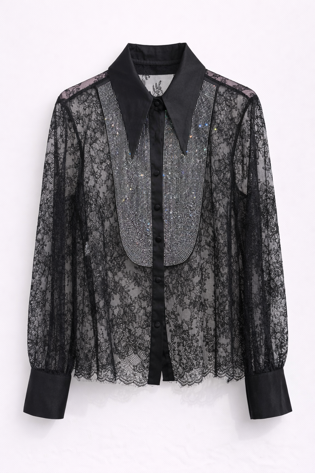 Camicia in Pizzo Nero con Inserto Gioiello - R.a. Boutique