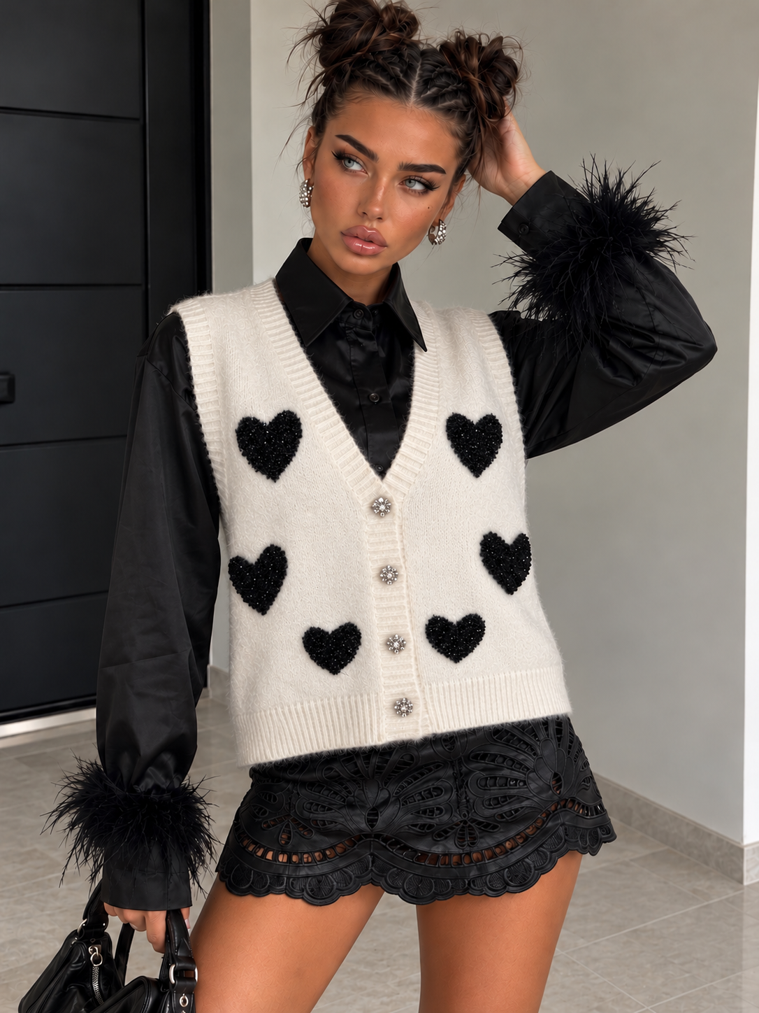 Gilet Soft Hearts con Cuori Glitter – Panna - R.a. Boutique