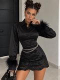 Camicia Satin Chic con Polsini Piume Nera - R.a. Boutique
