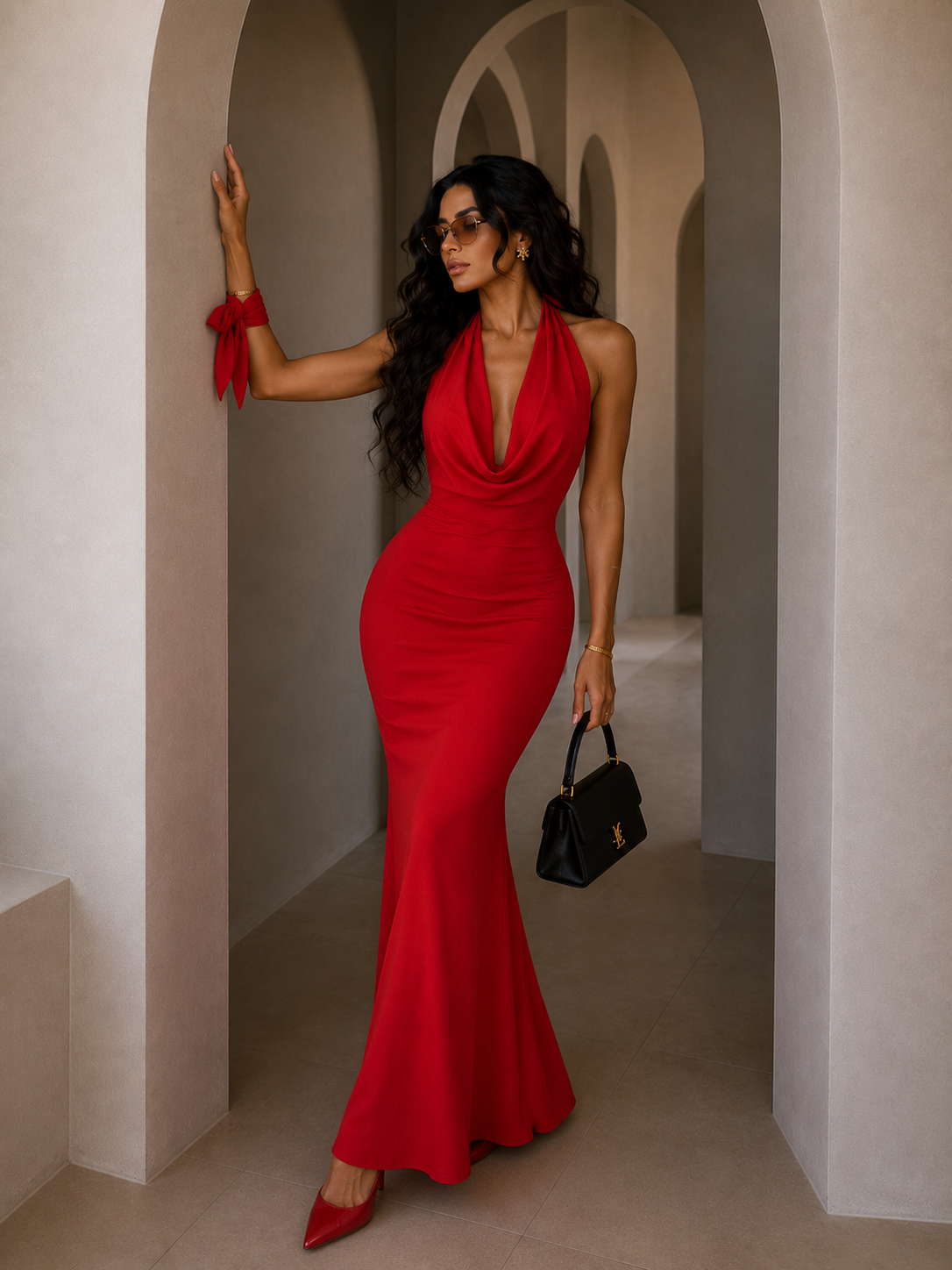 Abito rosso con laccio e scollo - R.a. Boutique