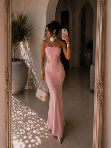 Abito a fascia bustier con gonna in velo cipria - R.a. Boutique