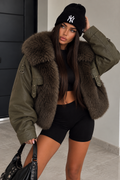 Giaccone Verde Militare Effetto Pelle con Collo e Inserti in Pelo - R.a. Boutique