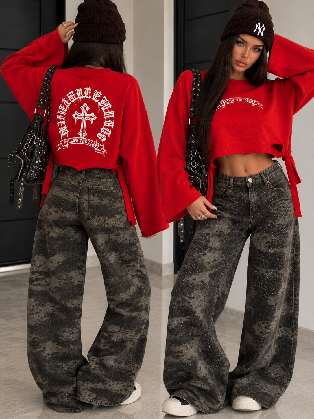 Felpa Crop Rossa con Stampa Bianca e Lacci Laterali - R.a. Boutique