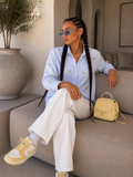 Camicia a Righe Celesti con Limoni Ricamati - R.a. Boutique