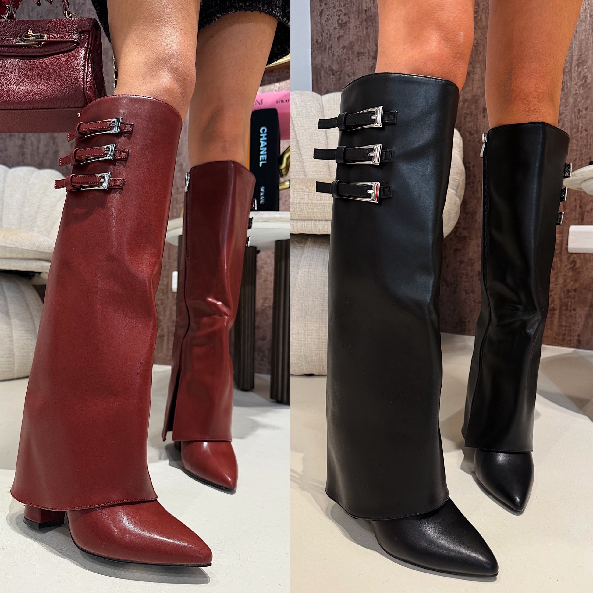 Stivali con fibbie laterali nero e bordeaux Londra - R.a. Boutique