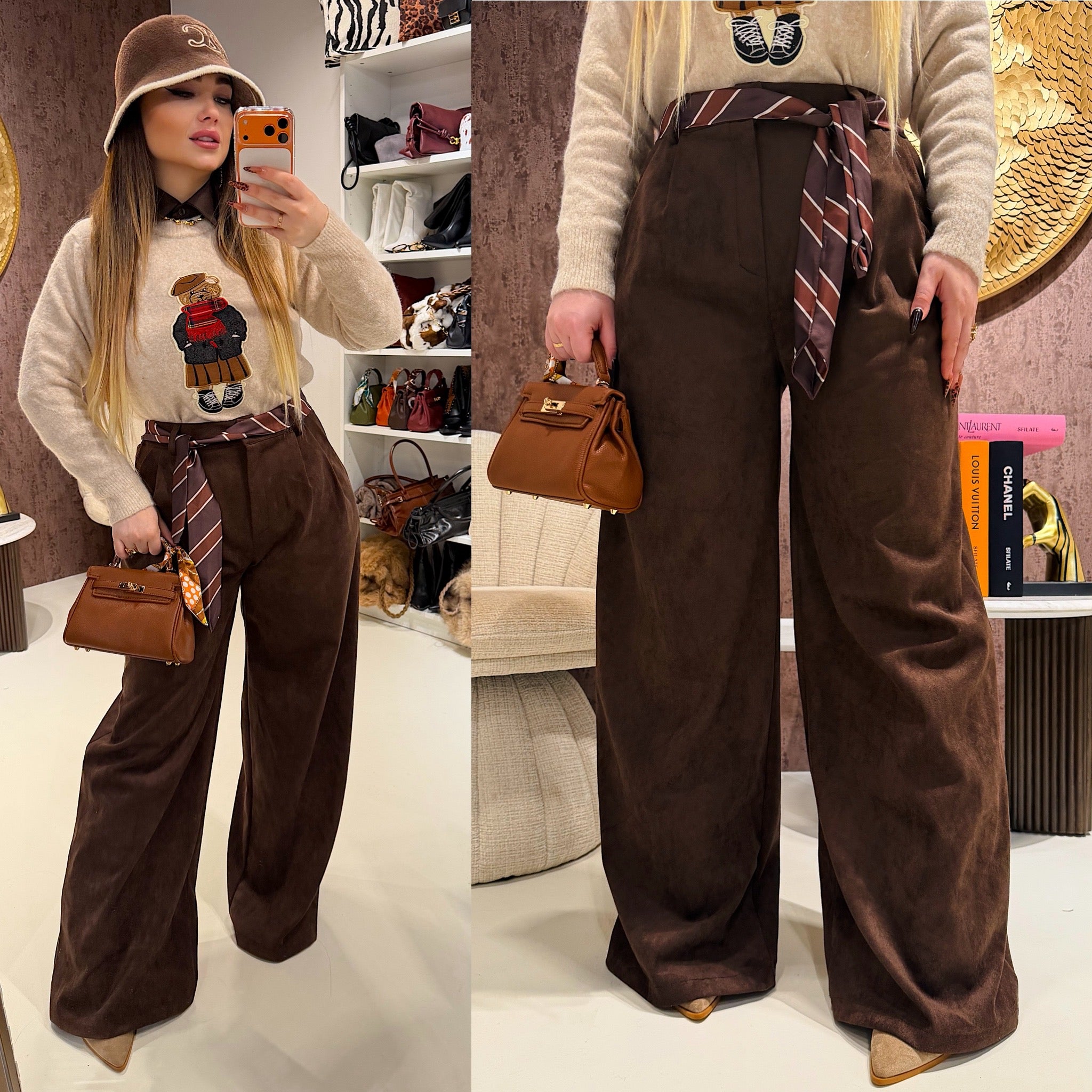 Pantalone in camoscio con cintura in vita - R.a. Boutique