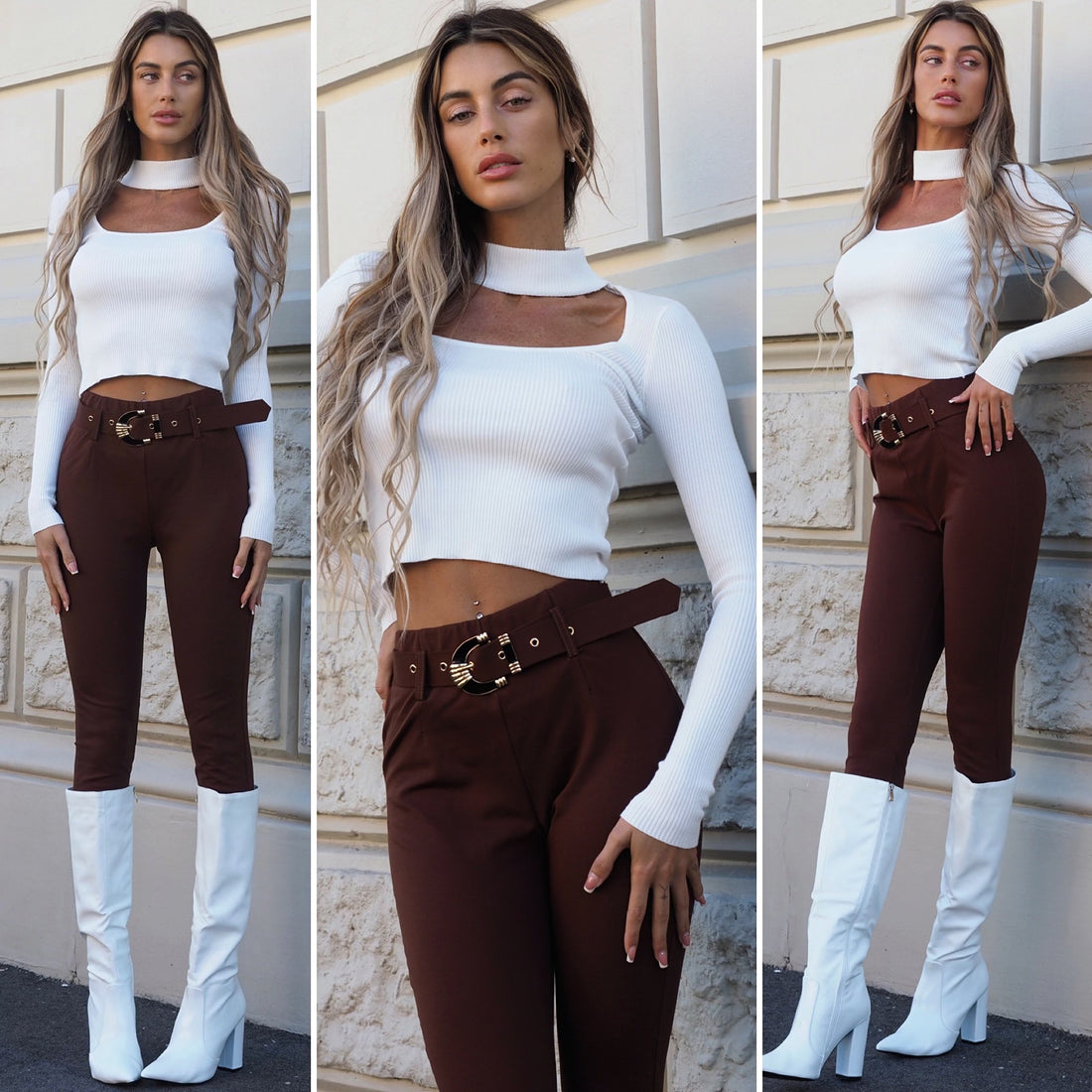 Pantalone choco con cintura oro - R.a. Boutique 