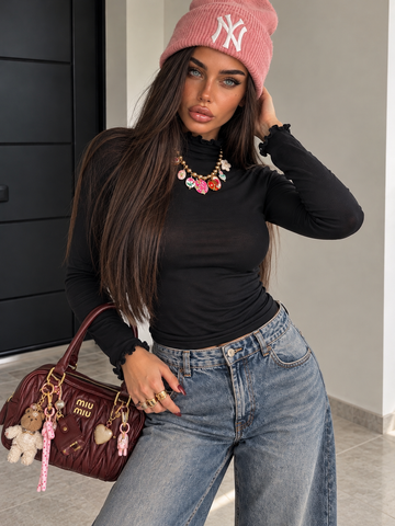 Maglia Dolcevita Soft con Collo e Polsini Arricciati – Nero - R.a. Boutique