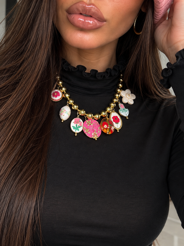 Collana Sfere Dorate con fiori rosa