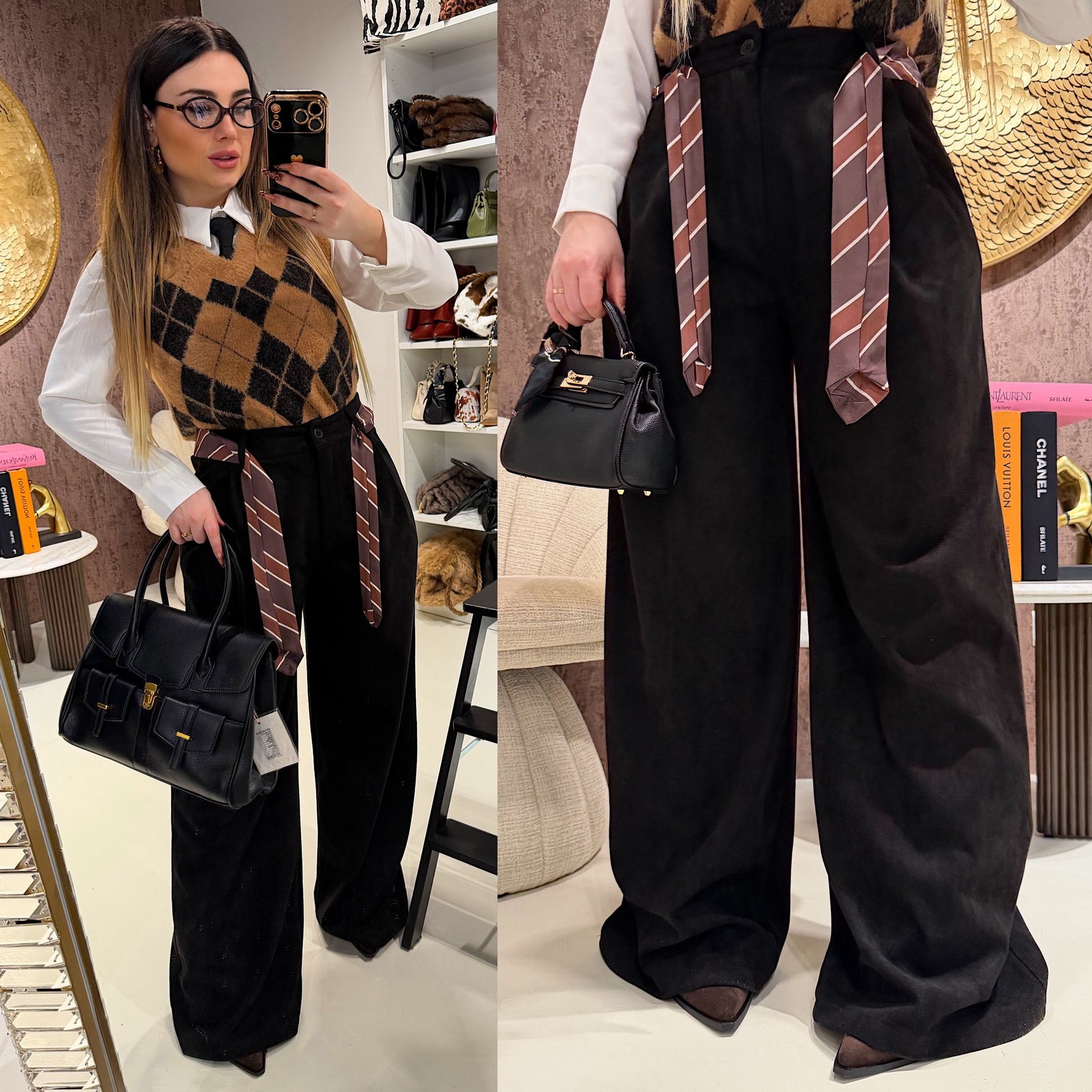 Pantalone in camoscio con cintura in vita - R.a. Boutique