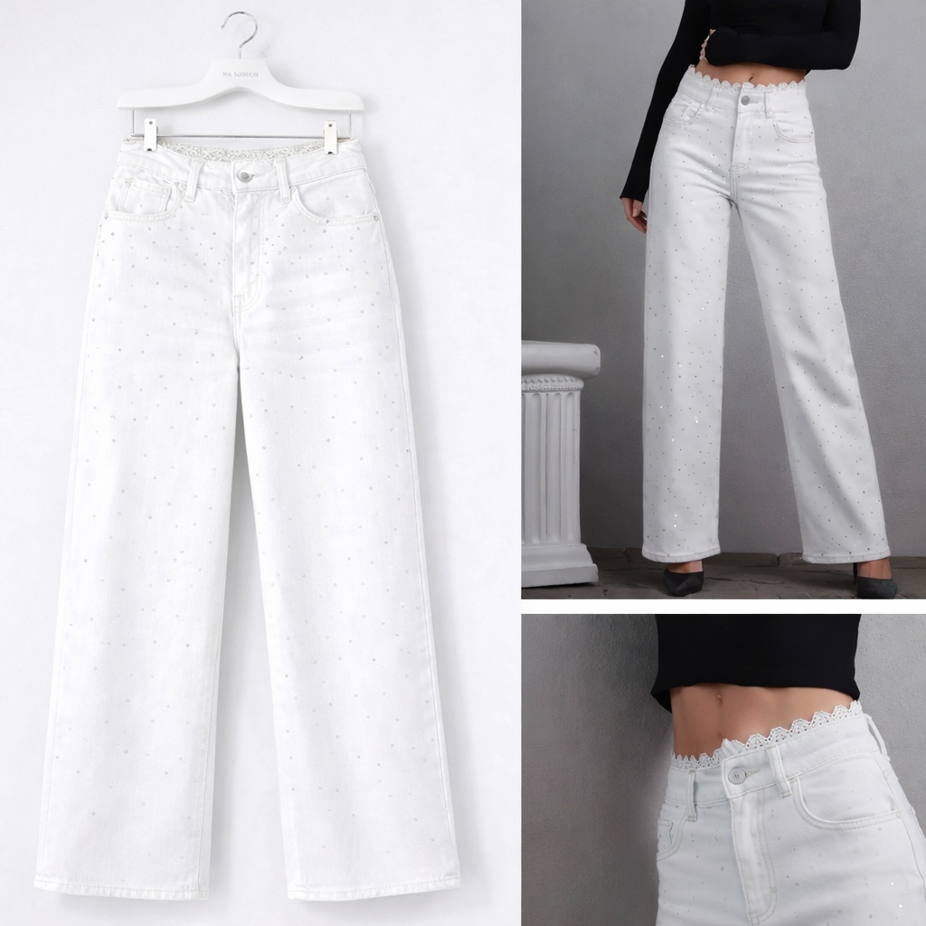 Jeans con brillantini e pizzo bianco