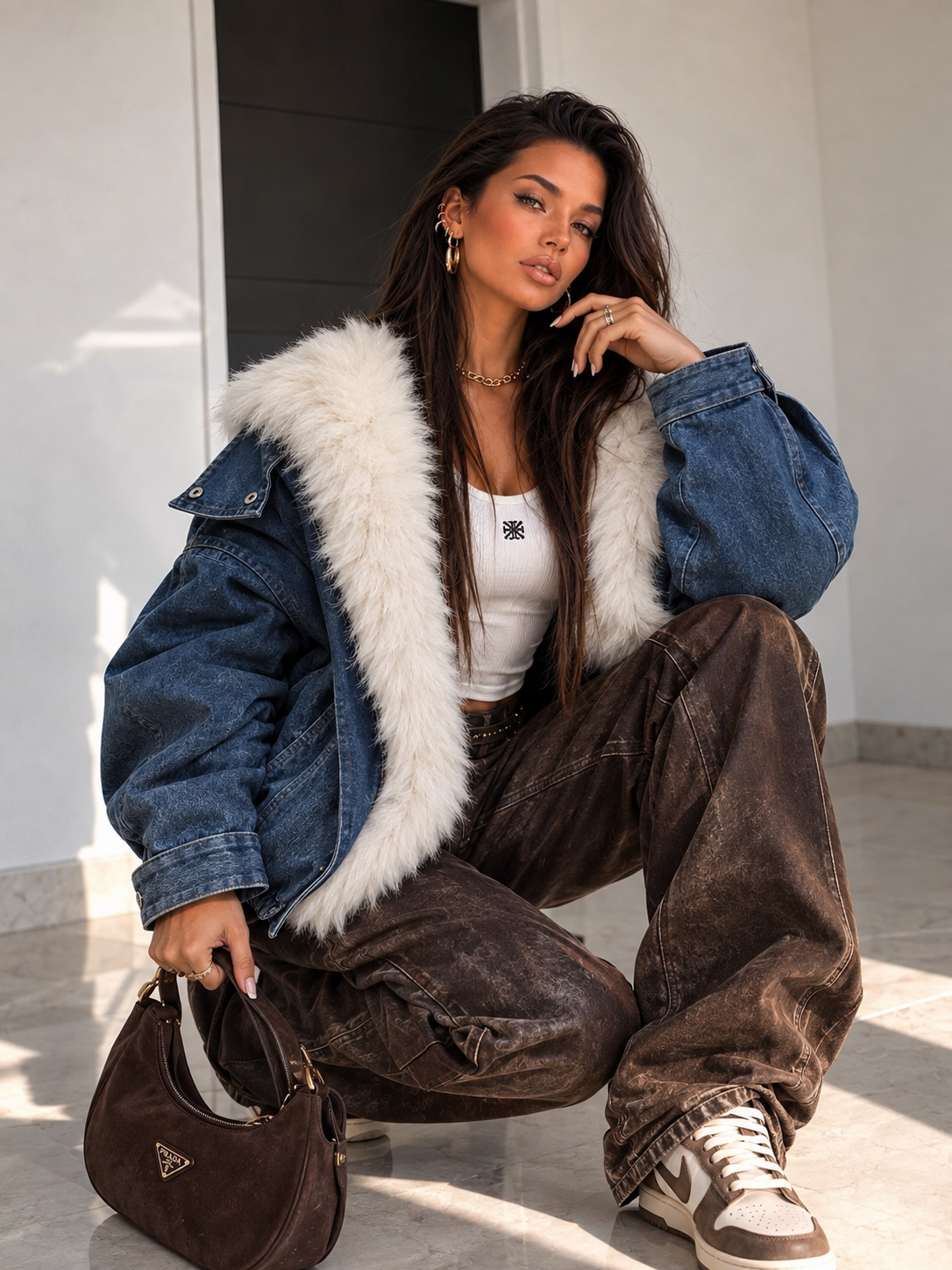 Giacca Denim Snow con Maxi Collo Effetto Pelliccia - R.a. Boutique