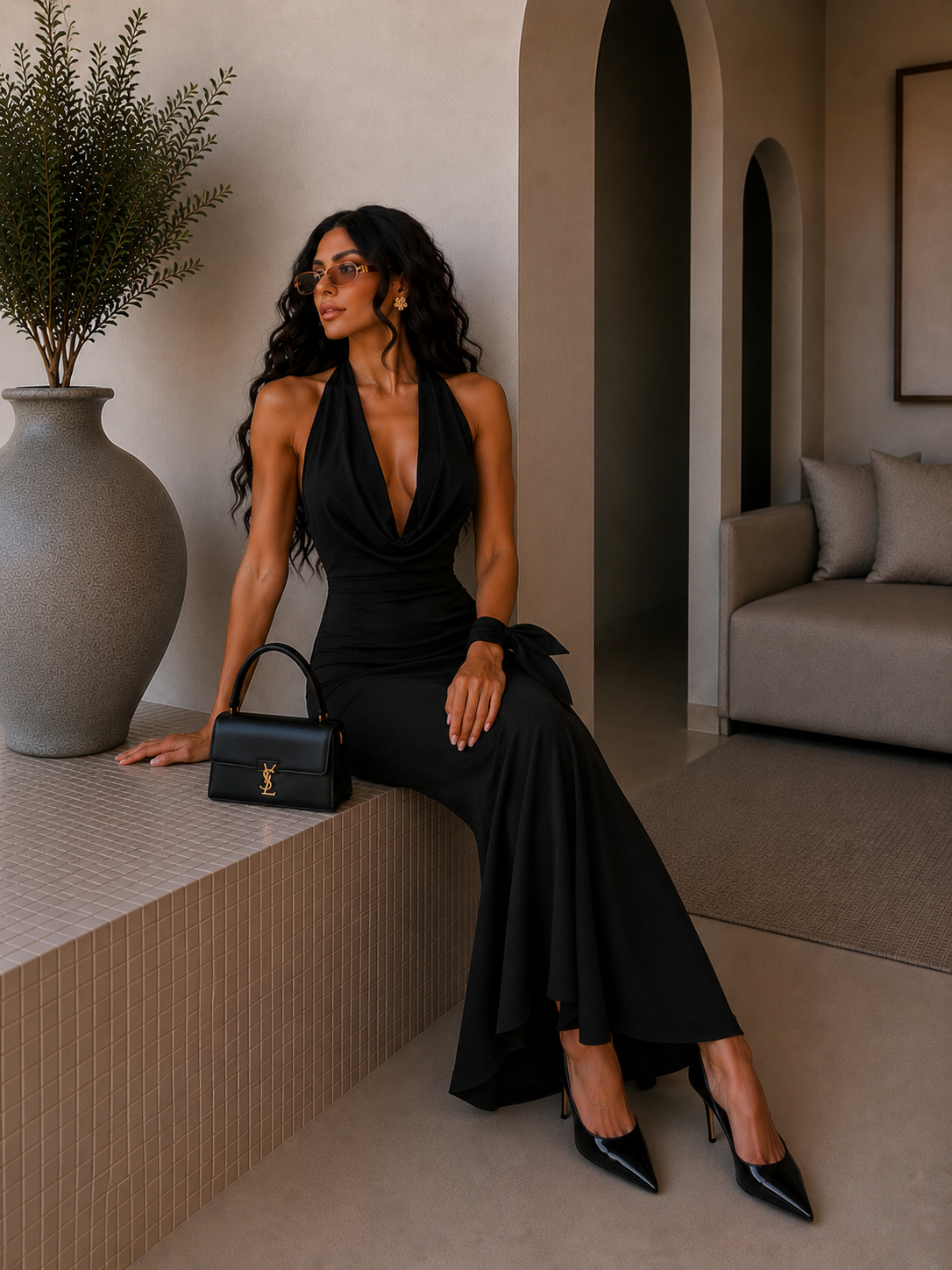 Abito nero con laccio e scollo - R.a. Boutique