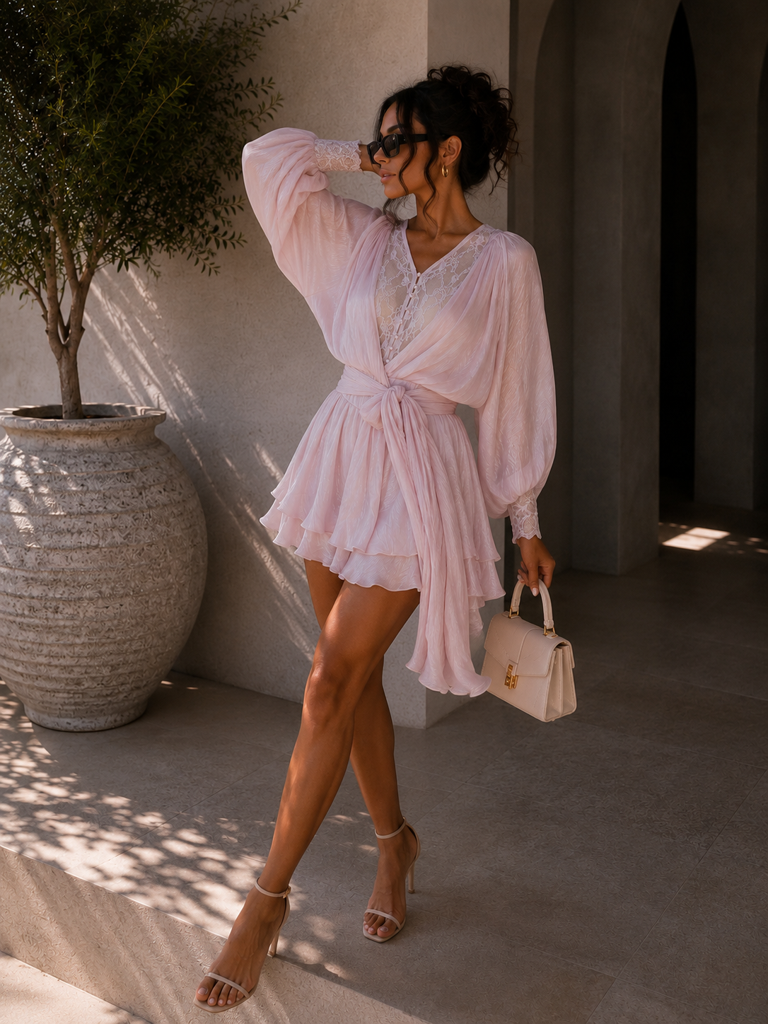 Abito cipria con pizzo e drappeggio - R.a. Boutique